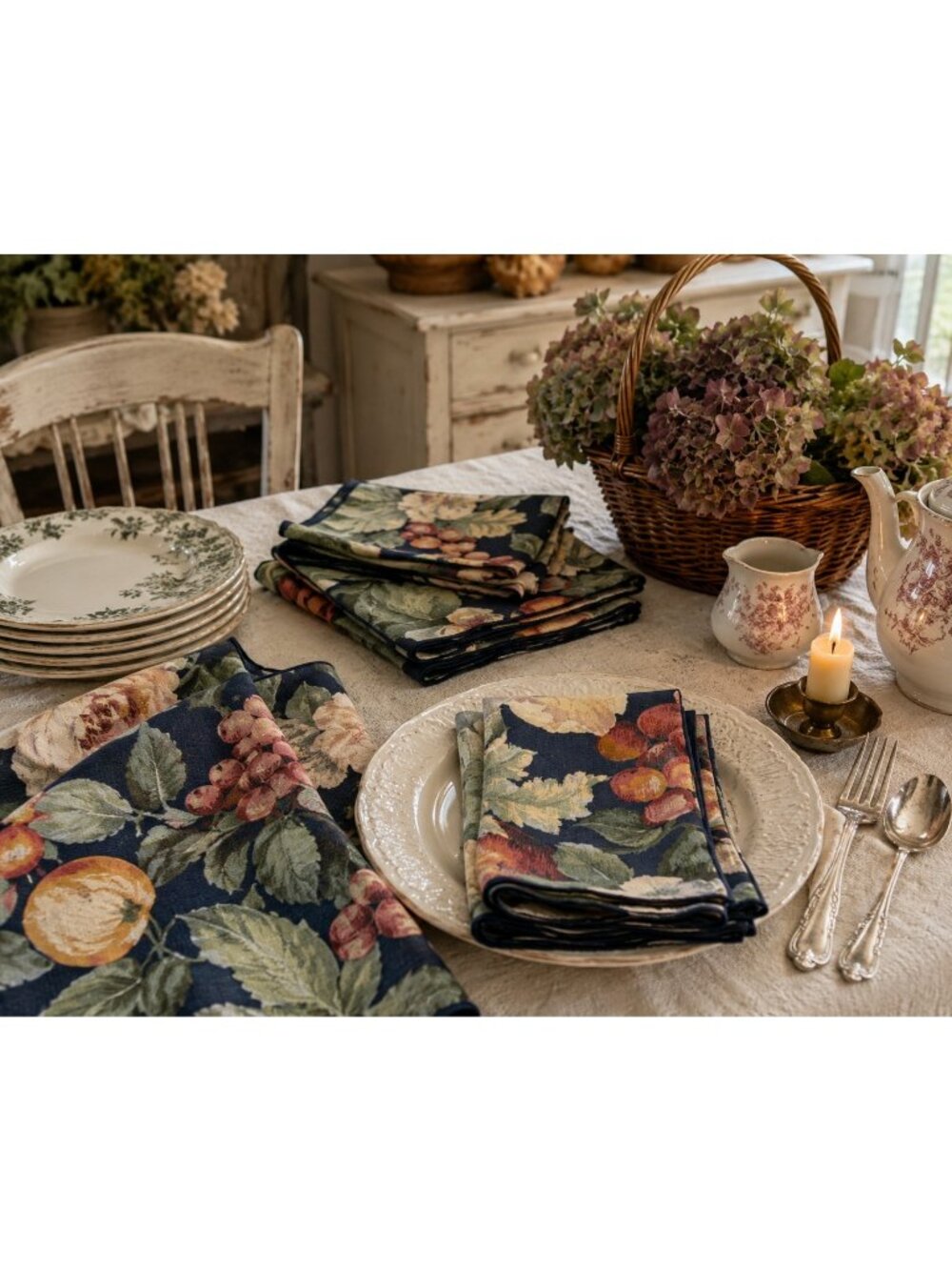 Set of 6 Vintage Floral Fruit Cloth Napkins Cottagecore Botanical Table Linens